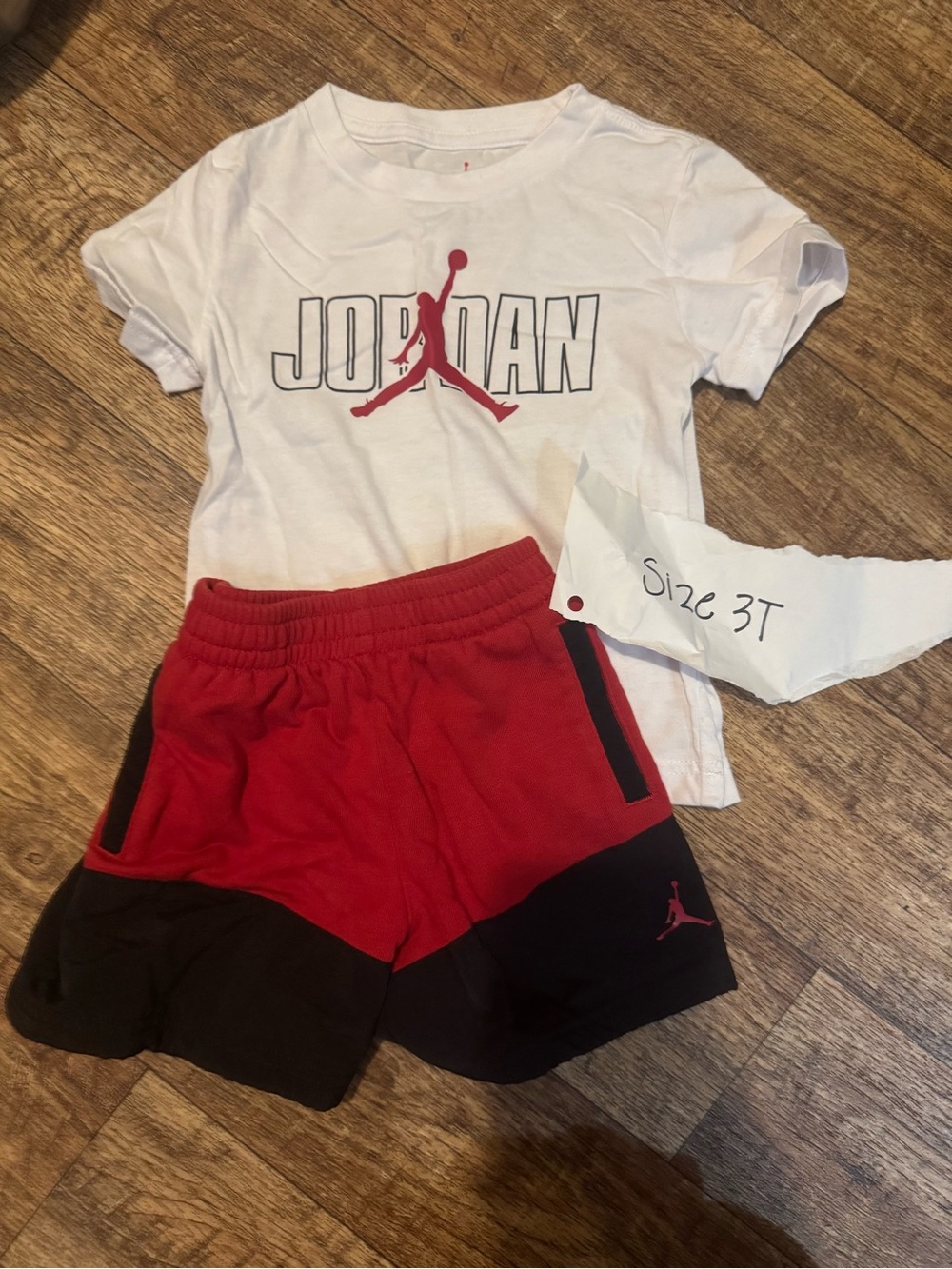 Jordan White Tee with Red and Black Athletic Shorts - Toddler